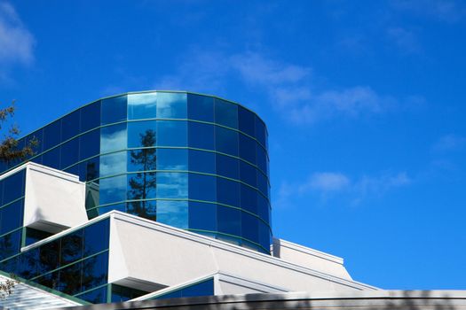 Cylindrical and flat glass building surfaces reflect trees and blue sky