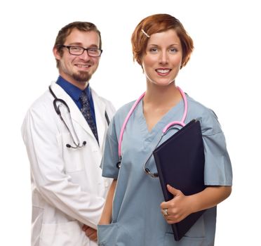 Two Doctors or Nurses Isolated on a White Background.