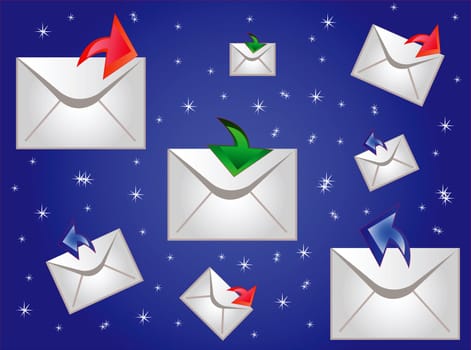 Postal envelopes on turn blue background