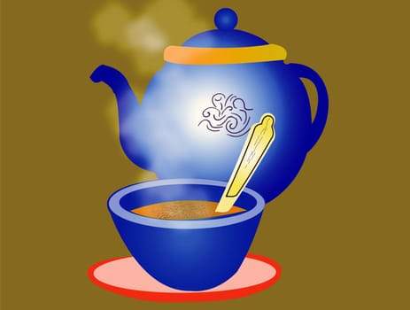 Teapot and cup of hot tea