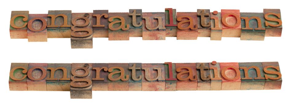 congratulations - word in vintage wooden letterpress printing blocks isolated on white