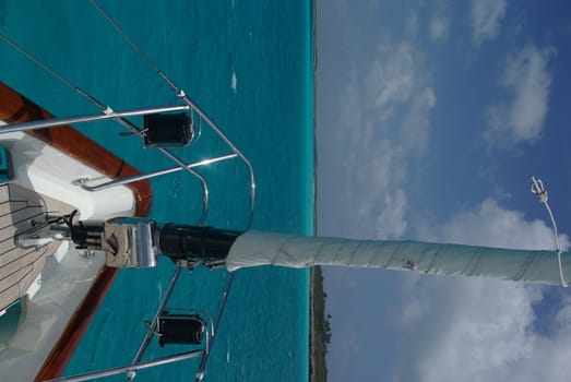 Bow of Sailing yacht anchored in the Bahamas