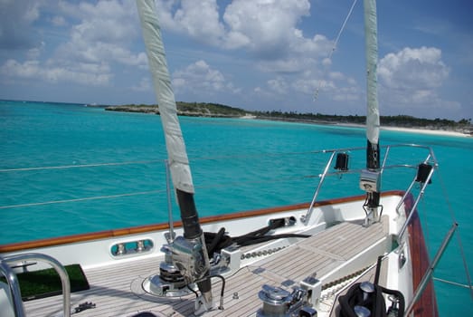 Bow of sailing yacht at anchor in the Bahamas