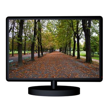 A black Tv with image of autumnal road, over white background