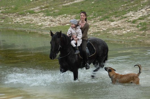 riding mother, daughter and belgian shepherd in a river