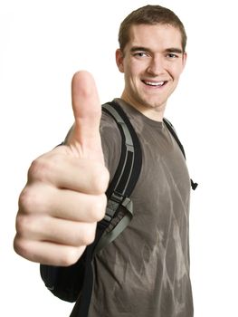 Smiling male student giving thumbs up.