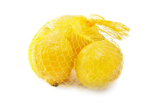 A yellow bunch of three lemons isolated over white