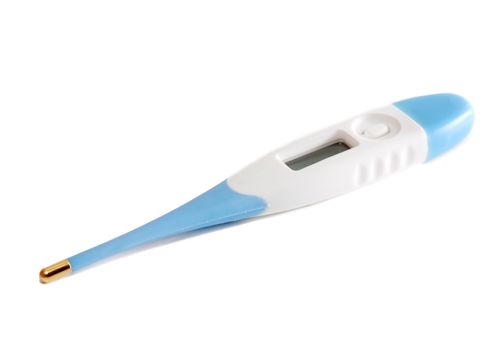 Digital white and blue thermometer with display isolated over white.