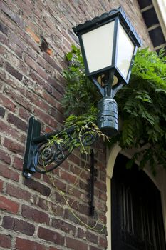 Vintage lamp post on brick building with wisteria growing over door.