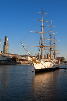 Old frigate in the harbor of Puerto Madero, touristic neighborhood in Buenos Aires, Argentina 