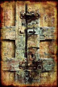 Computer designed highly detailed grunge textured collage - old locked doors