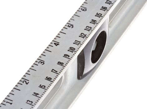 Closeup of the ruler and ruler markings on a level tool. Isolated over a white background.