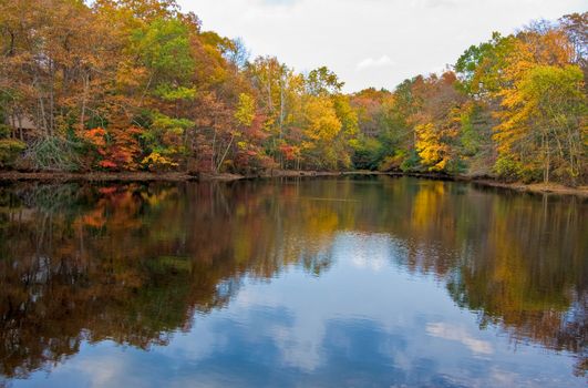 A calm lake and colorful trees in the fall