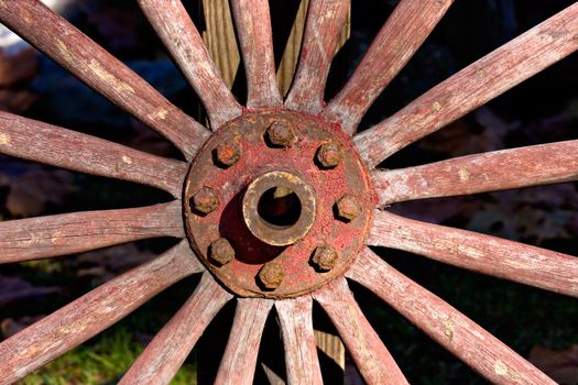 Closeup of an old, antique wagon wheel