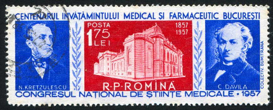 ROMANIA - CIRCA 1957: stamp printed by Romania, shows Dr. N. Kretzulescu, Medical School, Dr. C. Davila, circa 1957