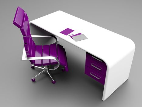 Stylish workplace with purple chair and white desk with papers and pen on it