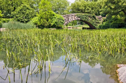 Gapstow Bridge in Central Park, New York. The bridge is in Manhattan and made out of stone.