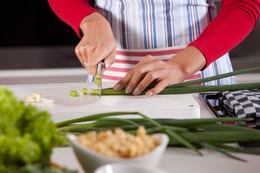 Woman hand cutting spring onions