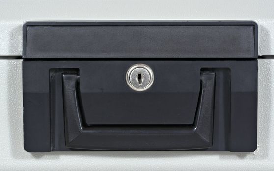Close up of the front of a fire proof security box