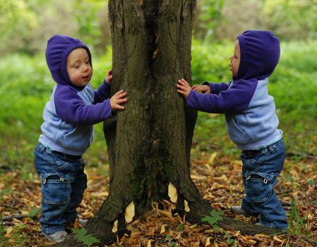 Happy twin toddlers playing in the park in autumn