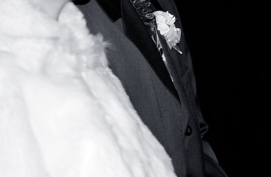 Bride and groom at a wedding ceremony.Shallow DOF black and white photo