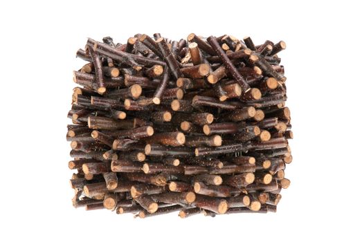 Pile of assorted sawed twigs and branches isolated on white background.