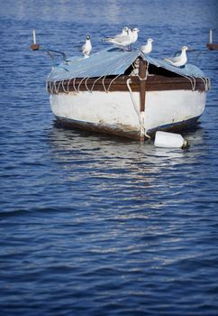 Small wooden fishing boat anchored in the bay