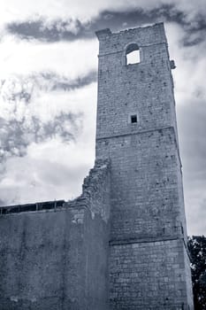 Church destroyed during the war , black and white toned photo