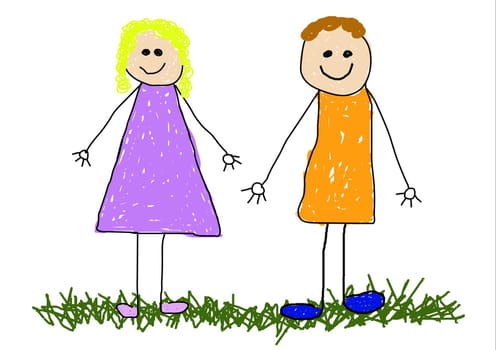 Illustration of childlike drawing of a mom and dad/brother and sister/friends 
