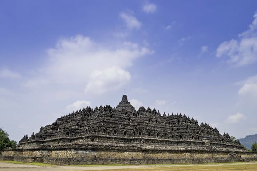 Full view of Buddhist Borobudur Temple in Yogyakarta, Indonesia