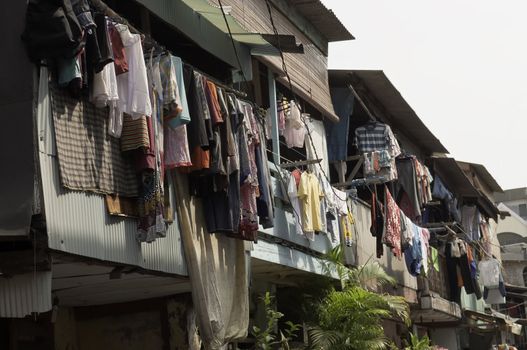 Hanging Cloths in old town jakarta slum, indonesia