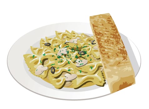 realistic pasta in vector format. A cropped view is showed, Pasta, plate and bread are intact.
