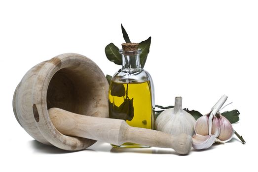 Mediterranean spices and olive oil isolated on a white background.