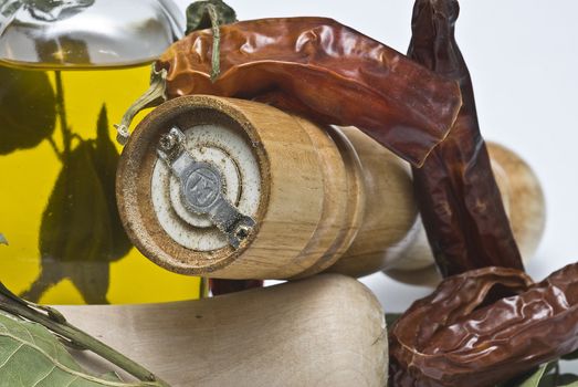 Mediterranean spices and olive oil isolated on a white background.