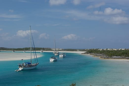 Boats moored in the Exumas, Bahamas