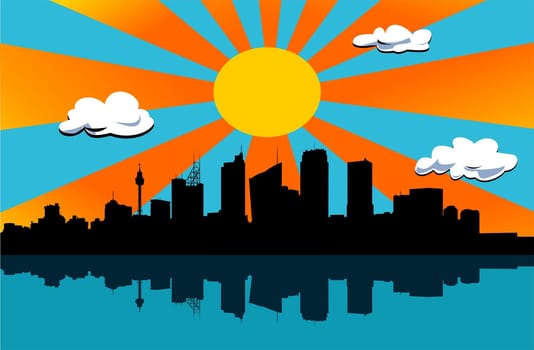 black city scape silhouette, big sun with orange rays in background