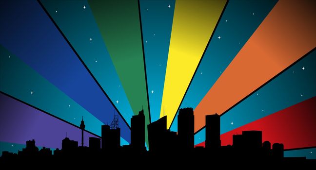 city silhouette, stars, color light ray in gay colors, sydney