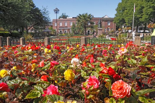 There is often a splendid floral display in the Queen's gardens at Newcastle under Lyme in Staffordshire, England.