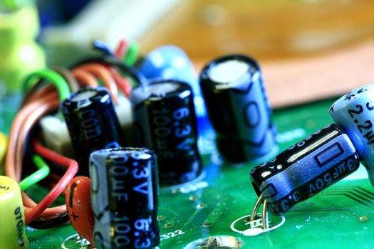 Component of electronic circuit with elements such as capacitor resistor and pcb.