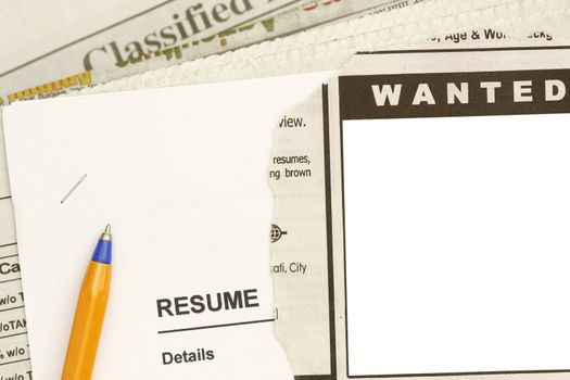 Jobs in the newspaper concept - with resume and a shallow classified ads. Blank space for your text.