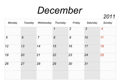 2011 calendar page on a white background, each month on a separate page in the background.