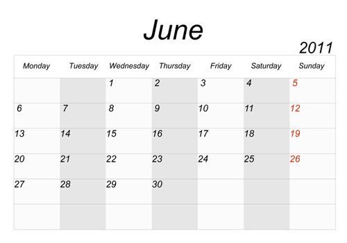 2011 calendar page on a white background, each month on a separate page in the background.