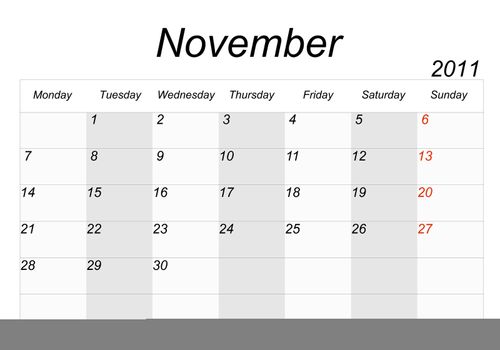 2011 calendar page on a white background, each month on a separate page in the background.