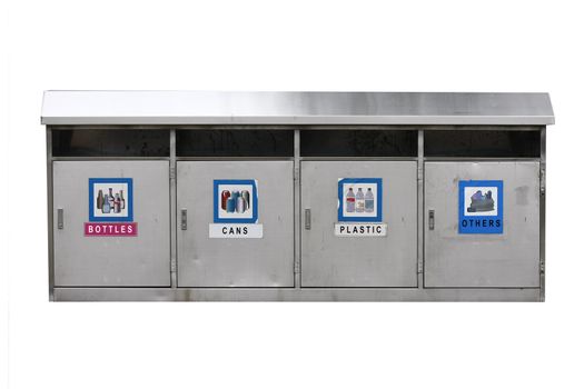 Recycle bins with four categories - many uses for save the environment concept, isolated in white background.