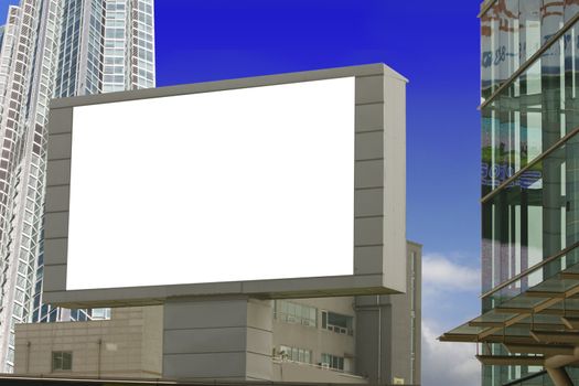 Put your text ads on the white billboard - with buildings as background.