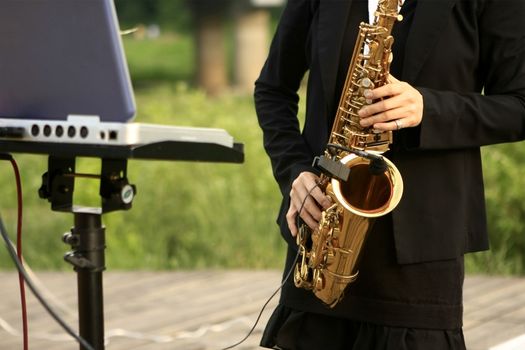 flutist's hands during performance at the park