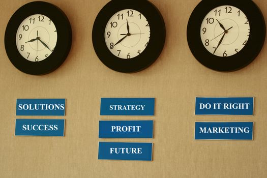 Management directions concept shown with clockand time indicator.
