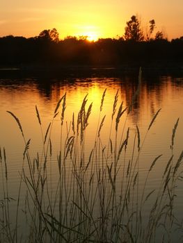 Sunset over Bauman Park Lake in Cherry Valley, Illinois.