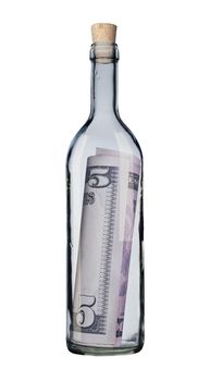 Bottle with message isolated, white background, clipping path.