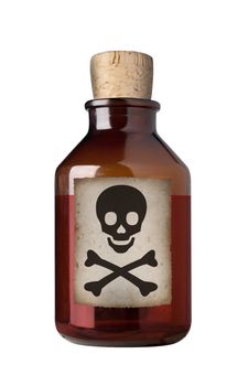 Old fashioned drug bottle with label, isolated, clipping path.